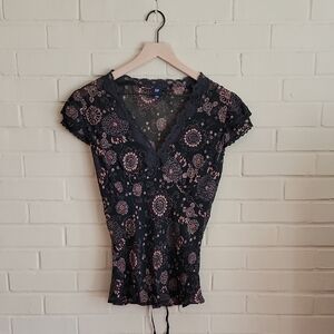 GAP Silk Black and Pink Tie Back Cap Sleeve Blouse Sz L